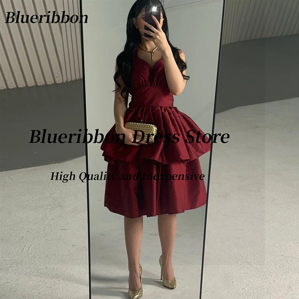 

Blueribbon Burgundy Short Prom Dresses Halter Neck Sleeveless Cocktail Party Dress Ruched Tiered A Line Evening Gowns