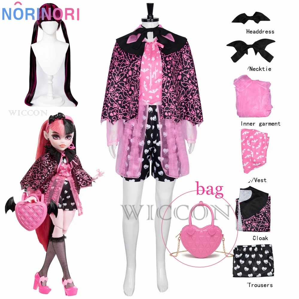 Anime Monster High Draculaura przebranie na karnawał różowe sukienki akcesoria do płaszcza peruka zestaw torebek impreza z okazji Halloween strój dla kobiet