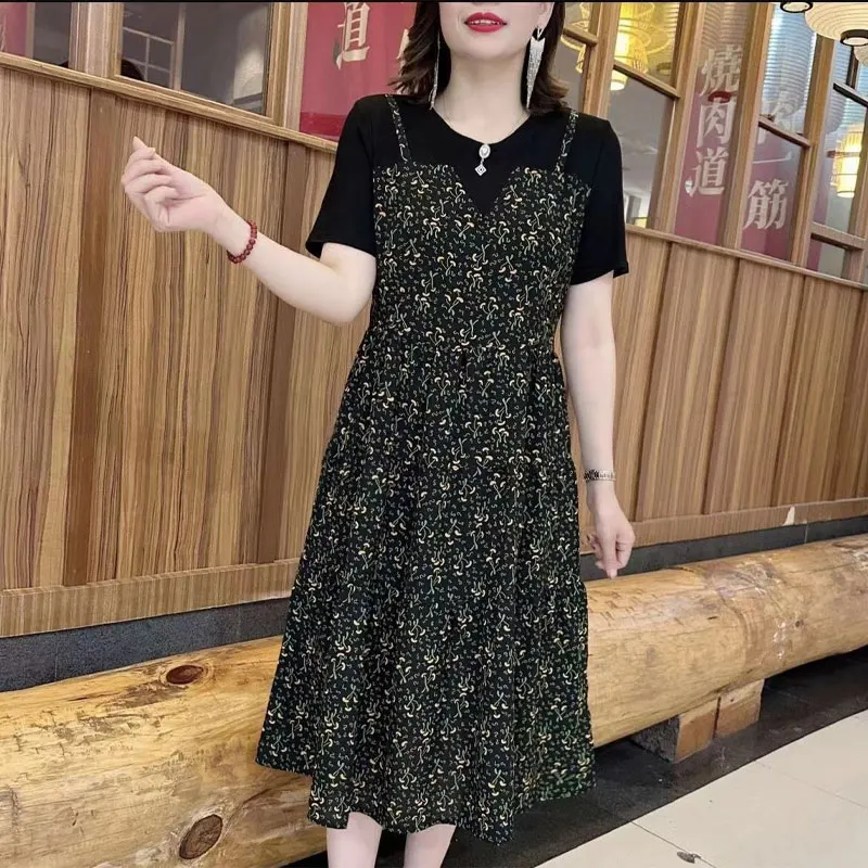 

Women's Clothing Broken Flowers Dresses Fake Two Pieces Patchwork Summer Casual Short Sleeve A-Line Commute O-Neck Midi Dress