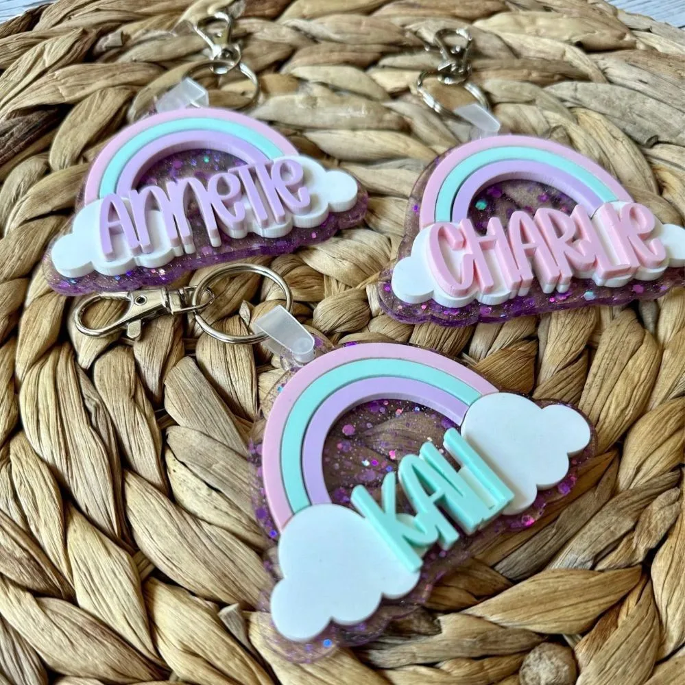 Cute Custom 3D Name Rainbow Pink Blue Colored Keychain 3 Layers Nameplate Personalized Pendant Bag Charm Key Ring Christmas Gift