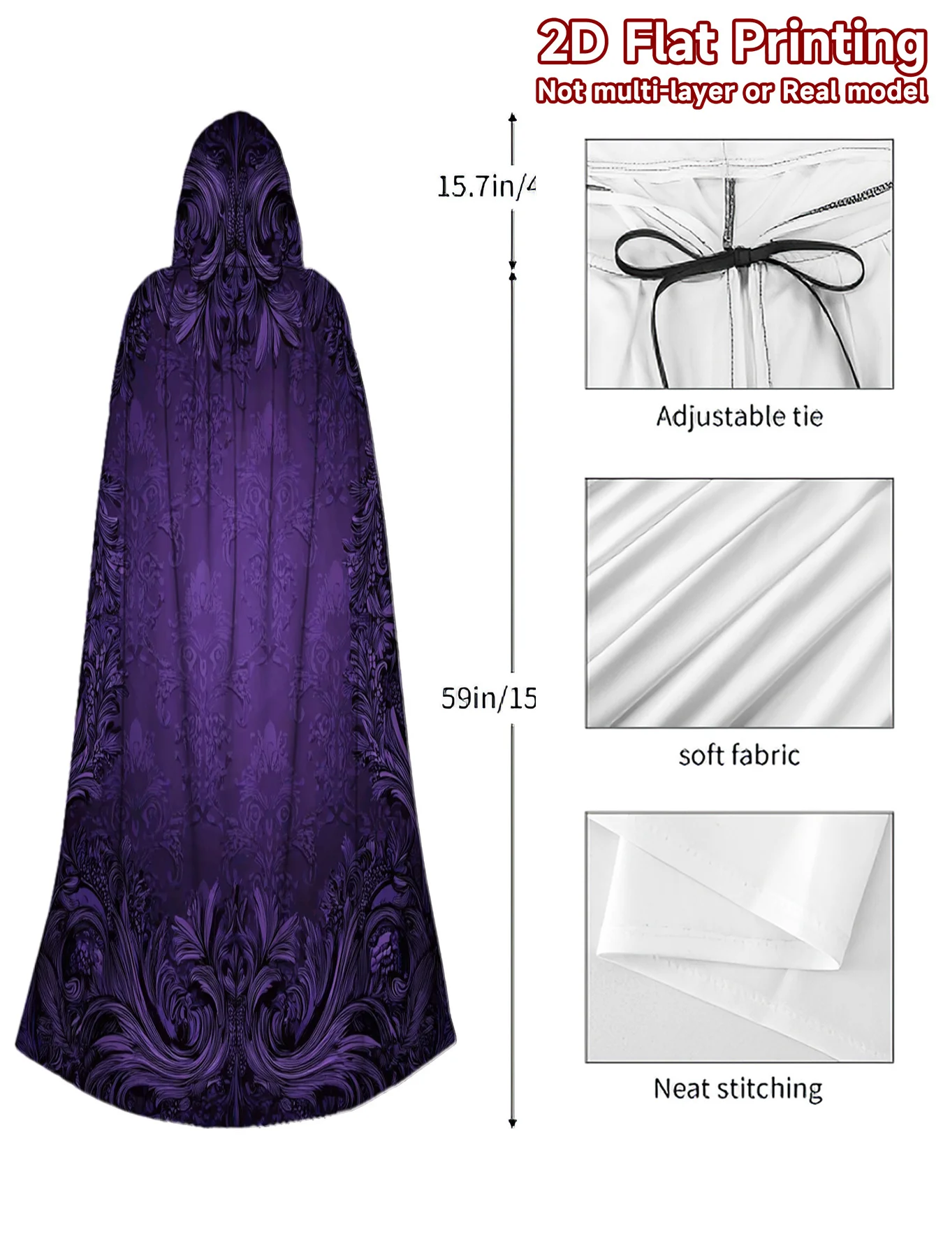 Customization Hooded Cape 2D Flat Purple Ornate Border Pattern Hooded Cape, Halloween Costume Cape, Suitable For Role-Playing, C