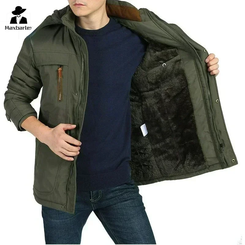 winter Parka Men's Multi-pocket Thickened Fleece-lined Cold-proof Padded Jacket Outdoor Camping Removable Cap Warm Men's Coat