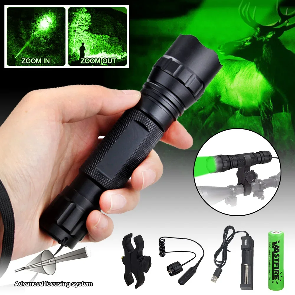 300 Yards Green Professional Night Hunting Flashlight Zoomable Predator Varmint Hog Scout Light 1-Mode Rifle Scope Weapon Light