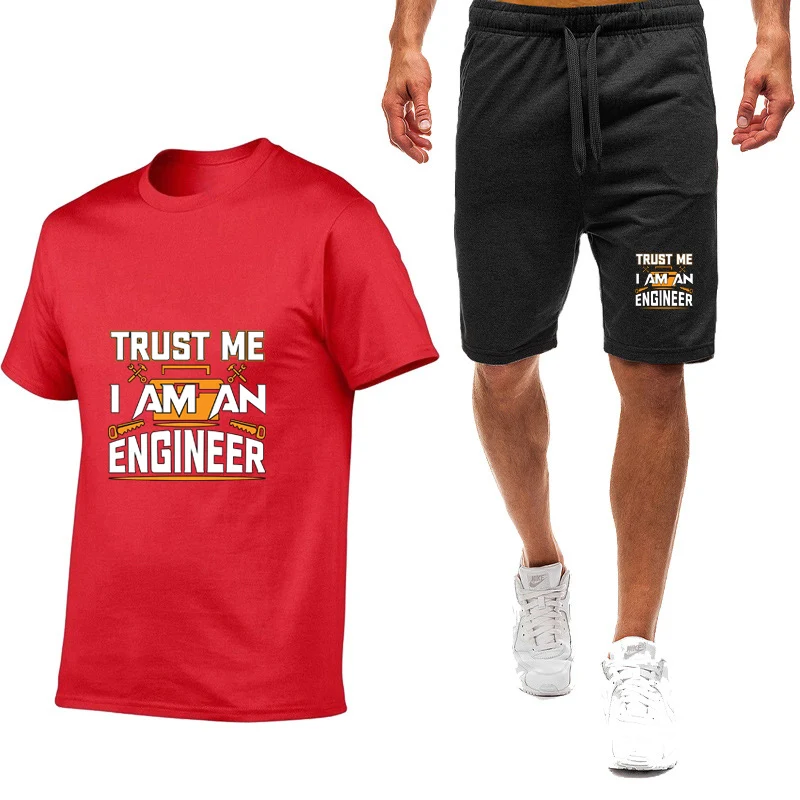 

2025 Summer Men's Funny Saying Trust Me I Am An Engineer Letter Logo Print Beach Short Sleeve T-shirt Loose Half Pants Suits