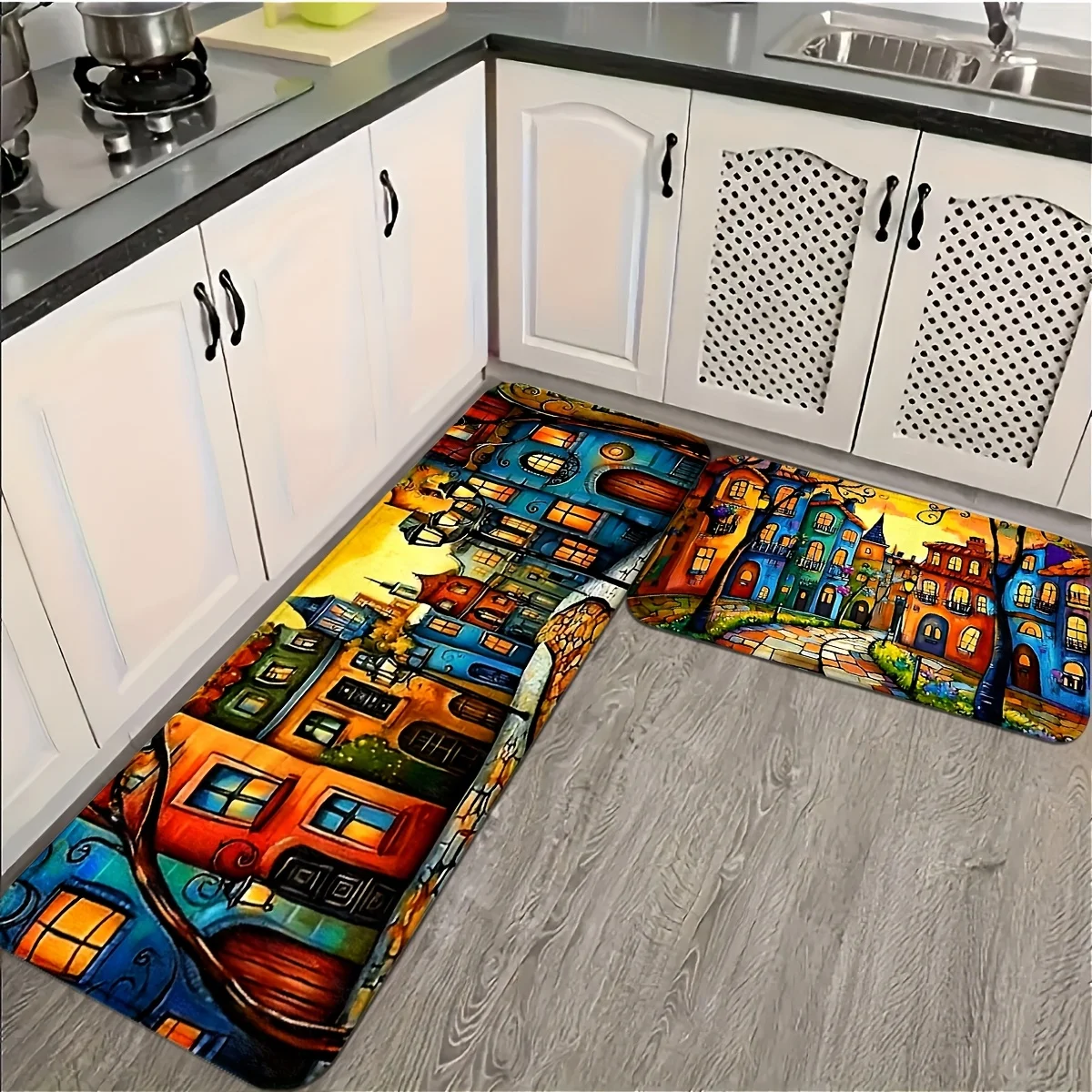 Vibrant Colorful Cityscape Pattern Kitchen Runner Mat for Cabinets and Counter Areas