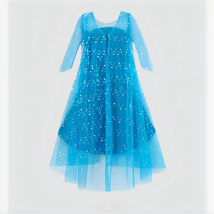 Girl Stunning Princess Maxi Dress All Body Sequin Covered Blue Train Sparkly Tulle Costume Snow Queen Party Elsa Cosplay Outfit - view 3