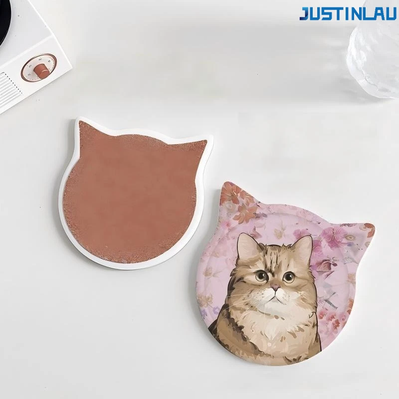 

JUSTINLAU Cartoon Cat Ceramic Absorbent Coasters Non-Slip Cup Holder Mat for Coffee Tea Mug Home Kitchen Bar Decor Coasters