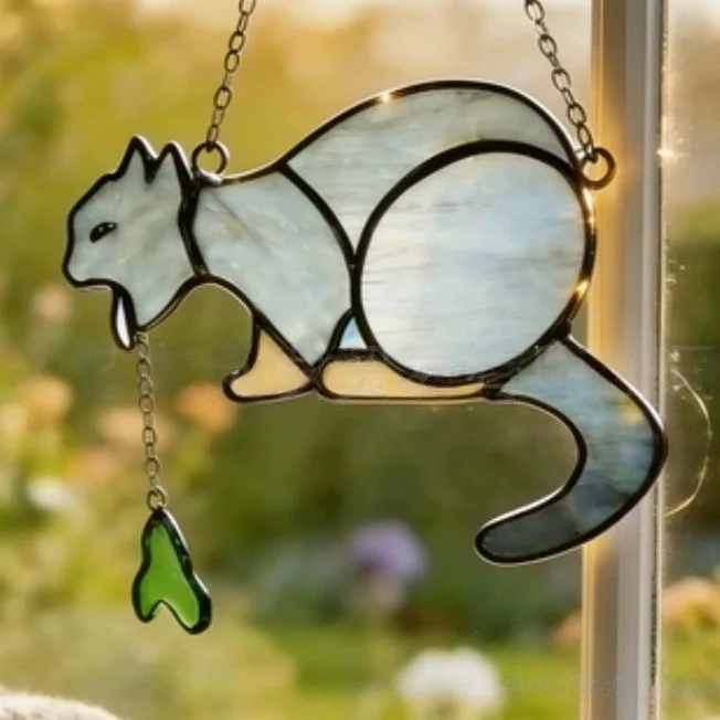 Funny Cat Vomit Stained Glass Suncatcher, Novelty Hanging Window Ornament Gag Gift for Cat Lovers