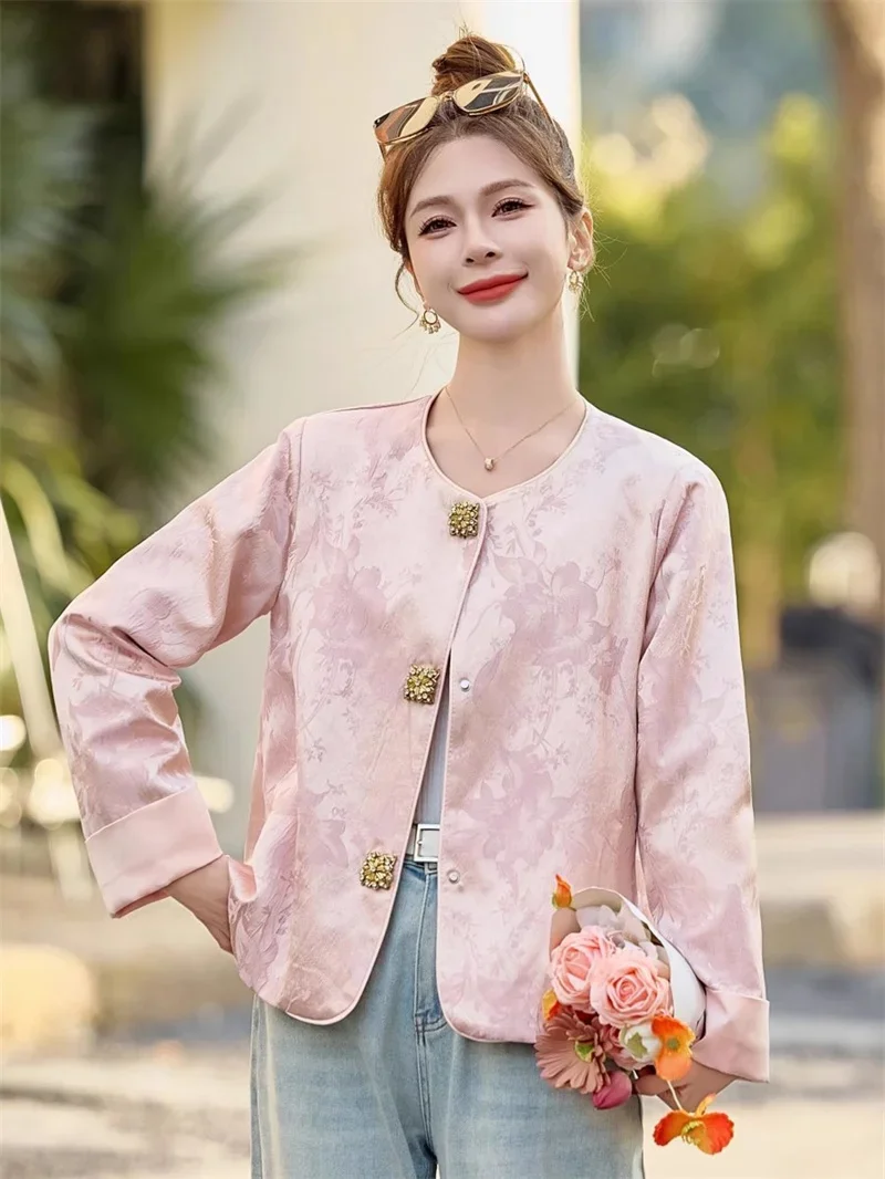 Pop Design Short Jacket Pink New Chinese Style Beautiful Top For Women Spring 2025Cardigan With Nail Bead Heavy Industry Jacquar
