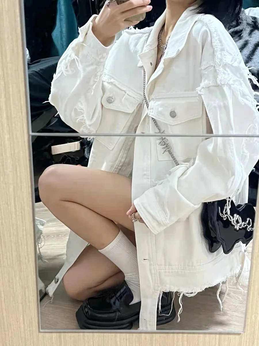 Women's White Fringed Edge Denim Coat Spring Autumn New Street Style Jean Jacket Retro Single Breasted Coat Top