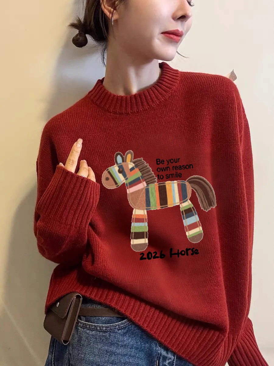 빨간색 니트 스웨터 여성용 초봄 신상 무지개 프린트 루즈핏 라운드넥 따뜻한 상의 새해 축하 패션...