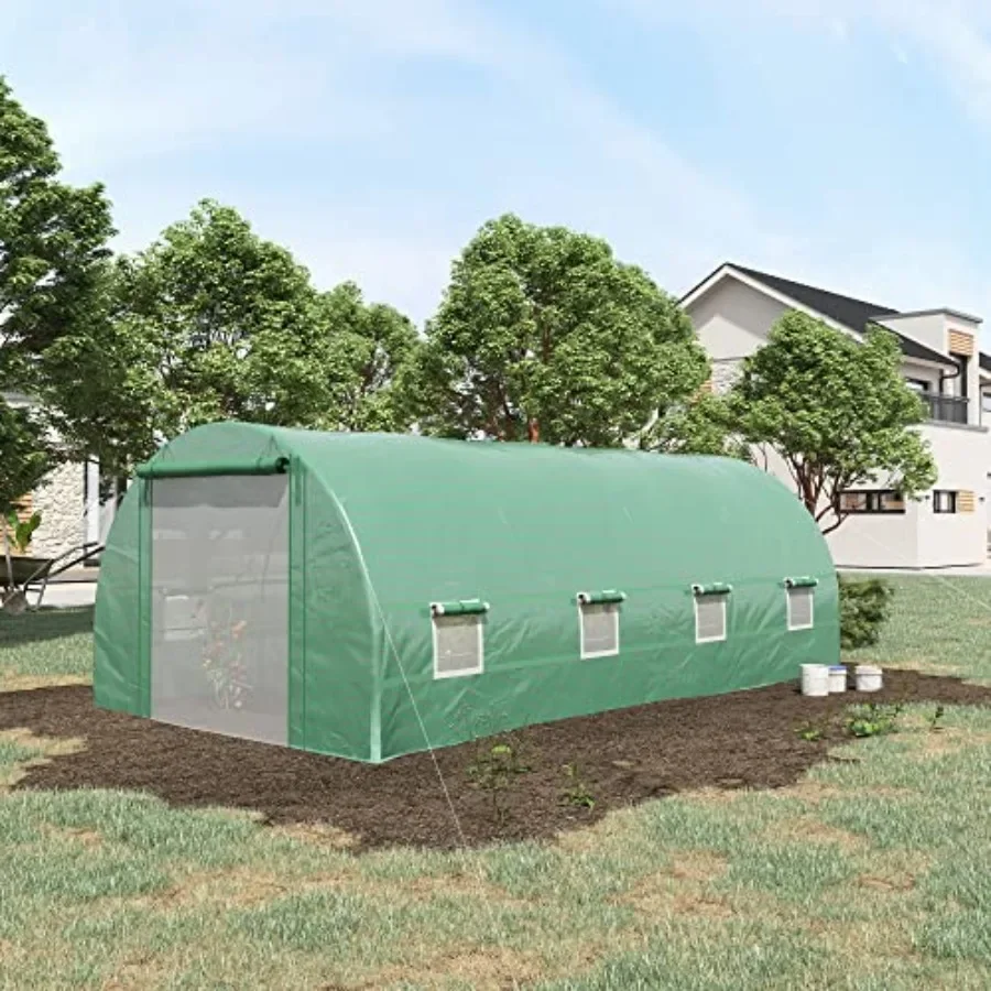 Walk-in Tunnel Greenhouse for gardening use, polyethylene material, green color, zippered door for easy access and ventilation