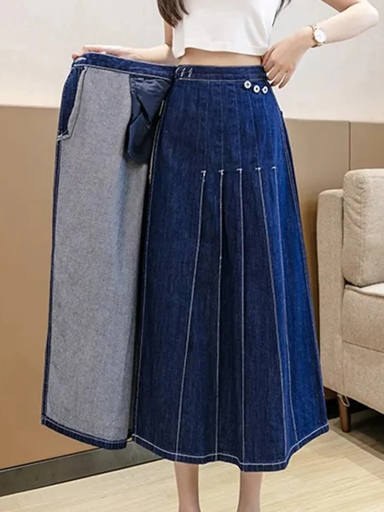 Denim Pleated Skirt Women Korean Fashion Irregular Skirt Harajuku Vintage One Piece Skirts Ladies Casual High Waist A-line Skirt