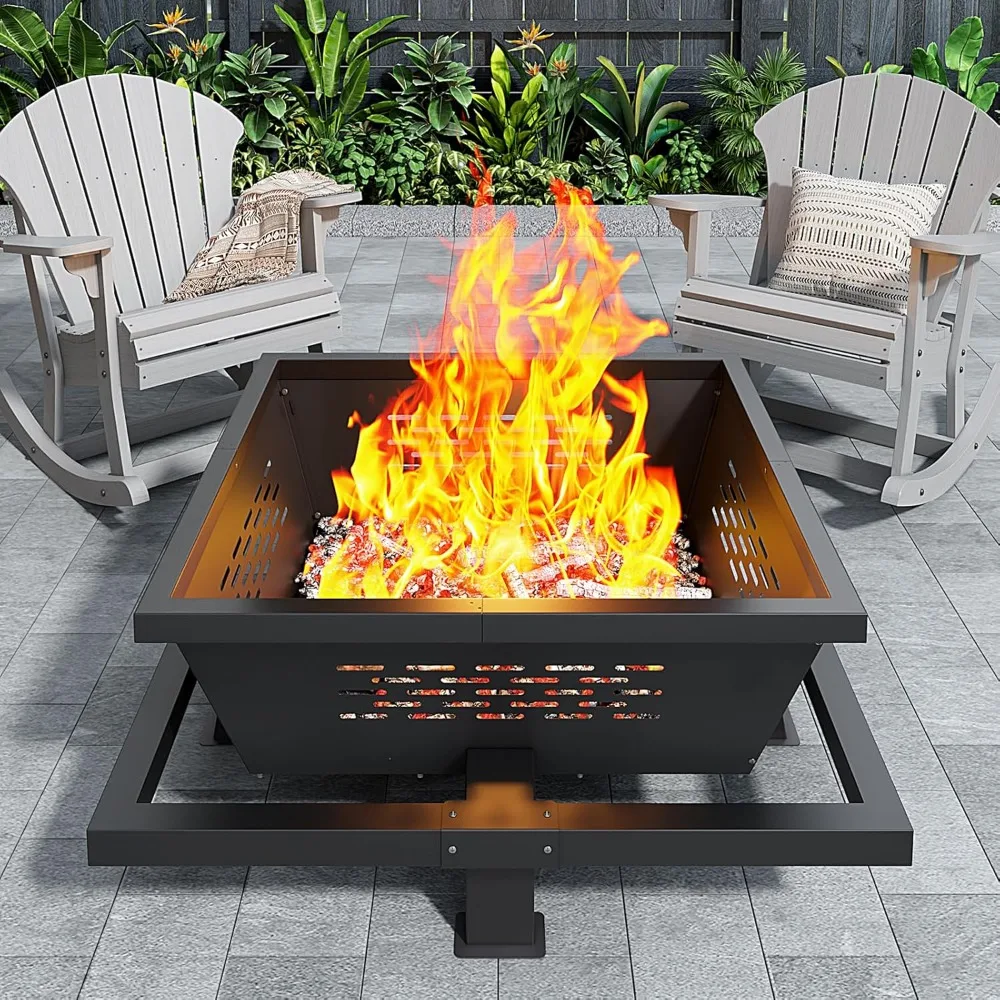 

42" Large Fire Pit, Square Outdoor Fire Pit with Pocker, Wood Burning FirePit for Camping, Backyard, Patio