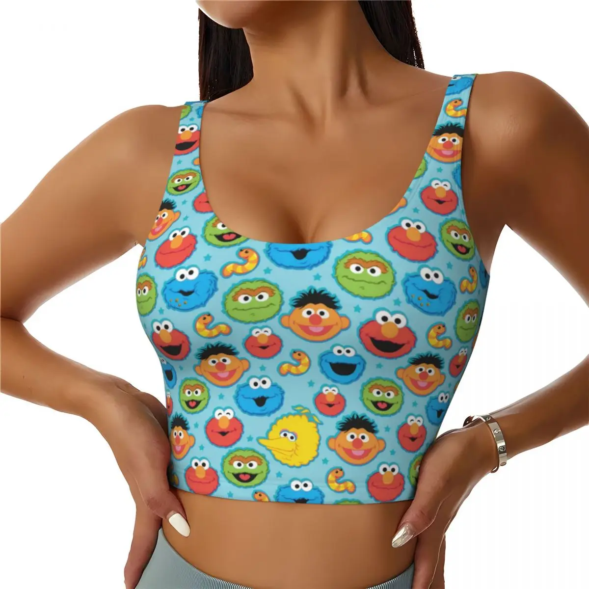 

Custom Cartoon Sesame Street Cookie Monster Workout Crop Tank Tops Women's Seamless Yoga Running Sports Bras