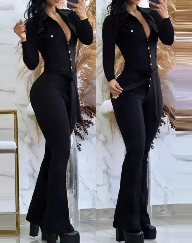 Jumpsuit Women 2023 Spring Fashion Buttoned Tied Detail Turn-Down Collar Plain Long Sleeves Skinny Daily Long Flared Jumpsuit