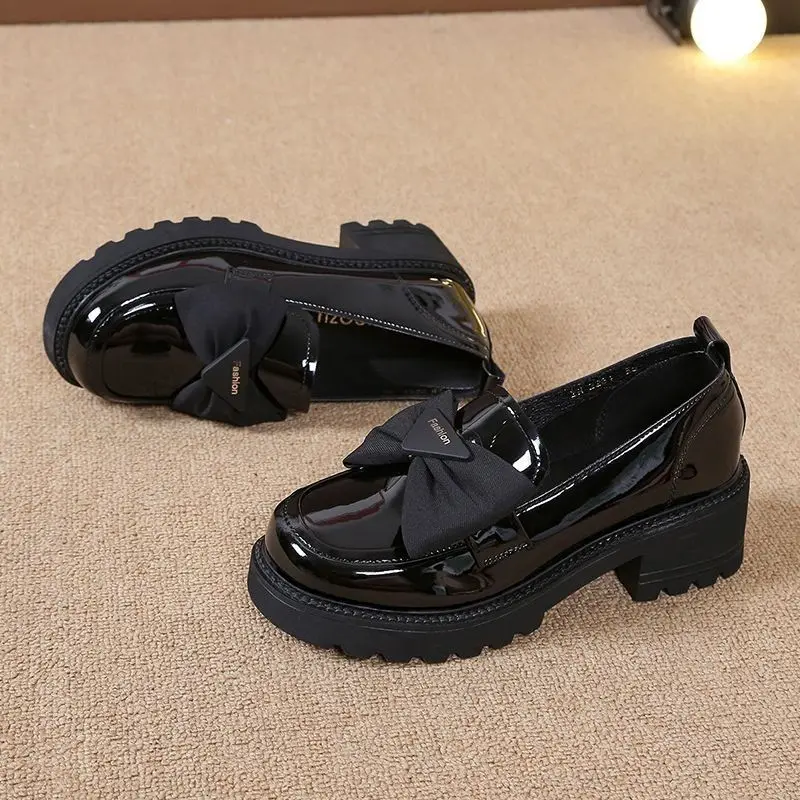 

Versatile Women Slip On Loafers Genuine Leather Thick Sole Bow Knot 2025 Spring Autumn New Arrival Patent Leather Shoes