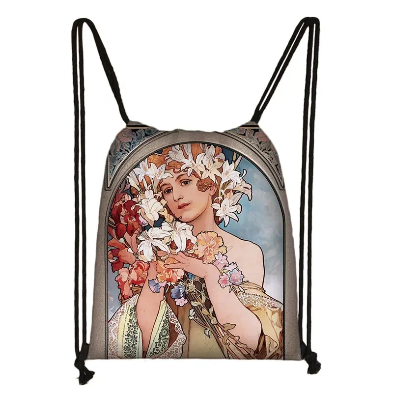 Alphonse Maria Mucha mochila con cordón para mujer, bolsa de almacenamiento al aire libre para zapatos de viaje, soporte para libros, pintura al