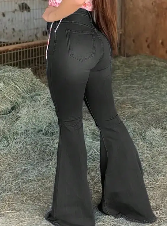 2025 가을 신상 솔리드 컬러 하이웨이스트 샌드블라스트 홀 디자인, 빅 벨 바텀 팬츠, 여성 패션 트렌드 슬림 핏 청바지