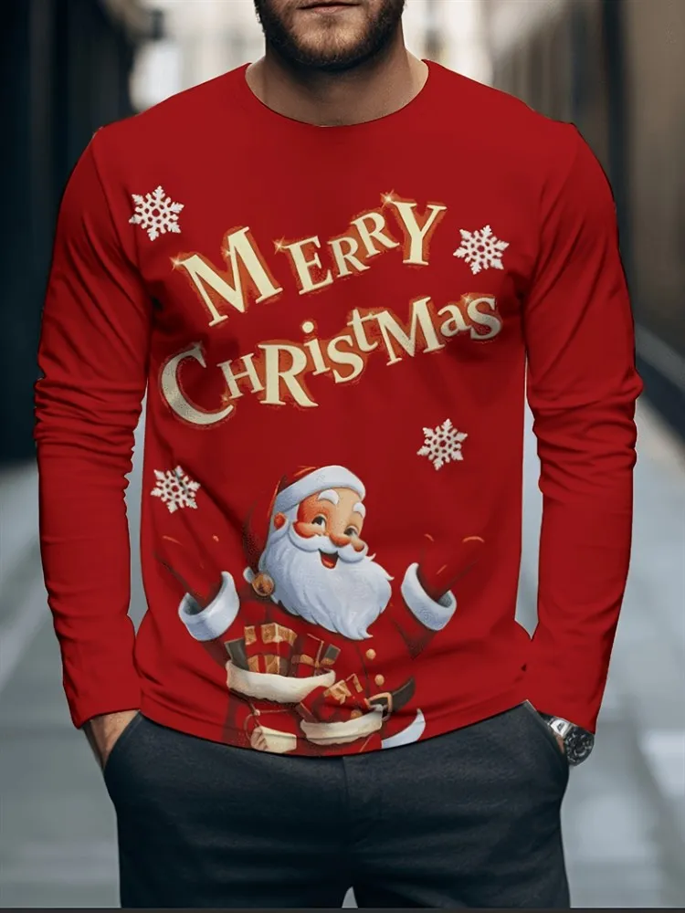 Men's Merry Christmas Long Sleeve T-Shirt Santa Claus Snowflake Graphic Tee Red Xmas Holiday Pullover Tops Gift New Hot 2026