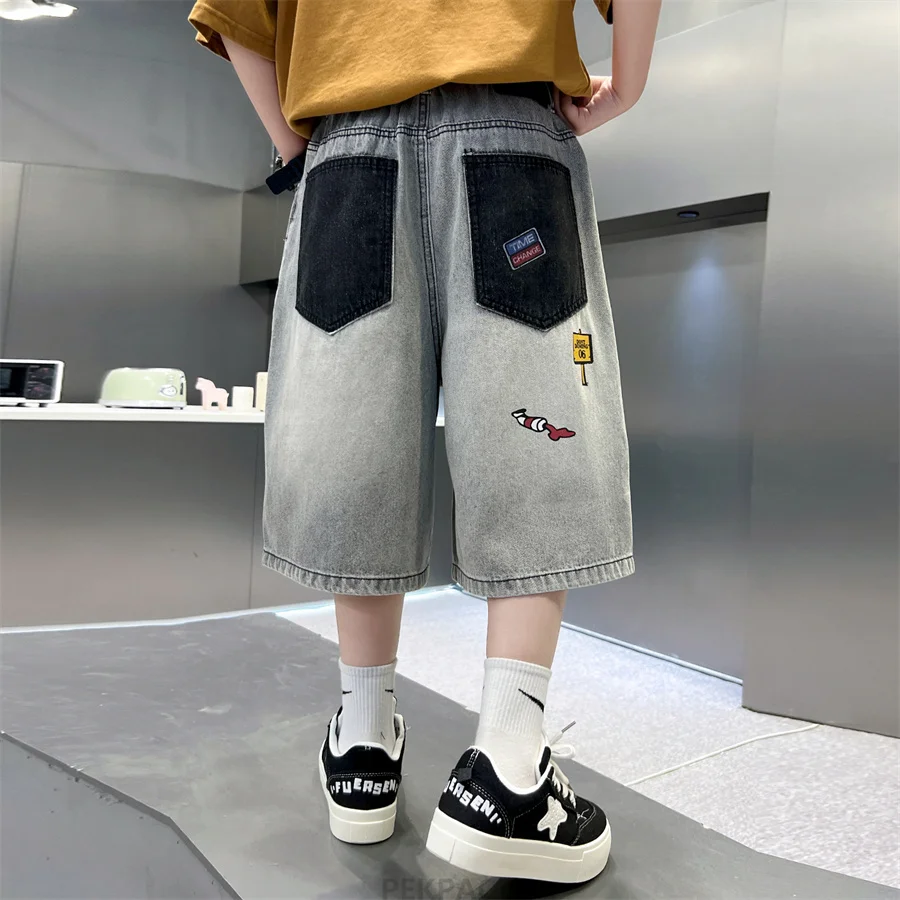 New Summer Tweens Boy Casual Denim Shorts with Print Kids Child Fashion Knee Length Jeans Shorts Age 5 6 7 8 9 10 11 12 13 14 Y