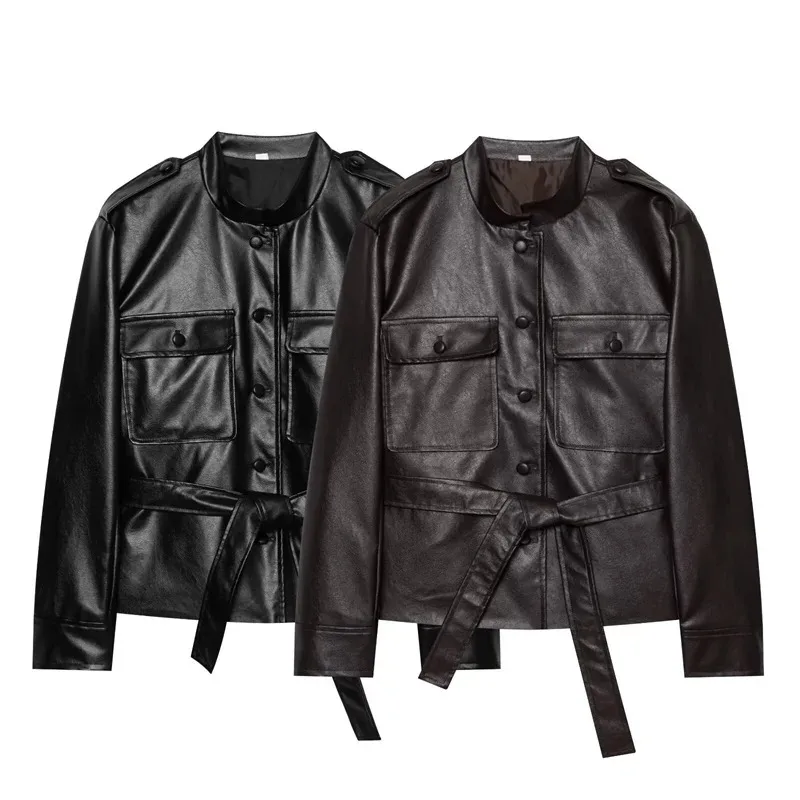 2026 Fall New Style Women S Minimalist Long Sleeve Faux Leather Belted Biker Jacket Comfortable Trendy Date Outfit Choice