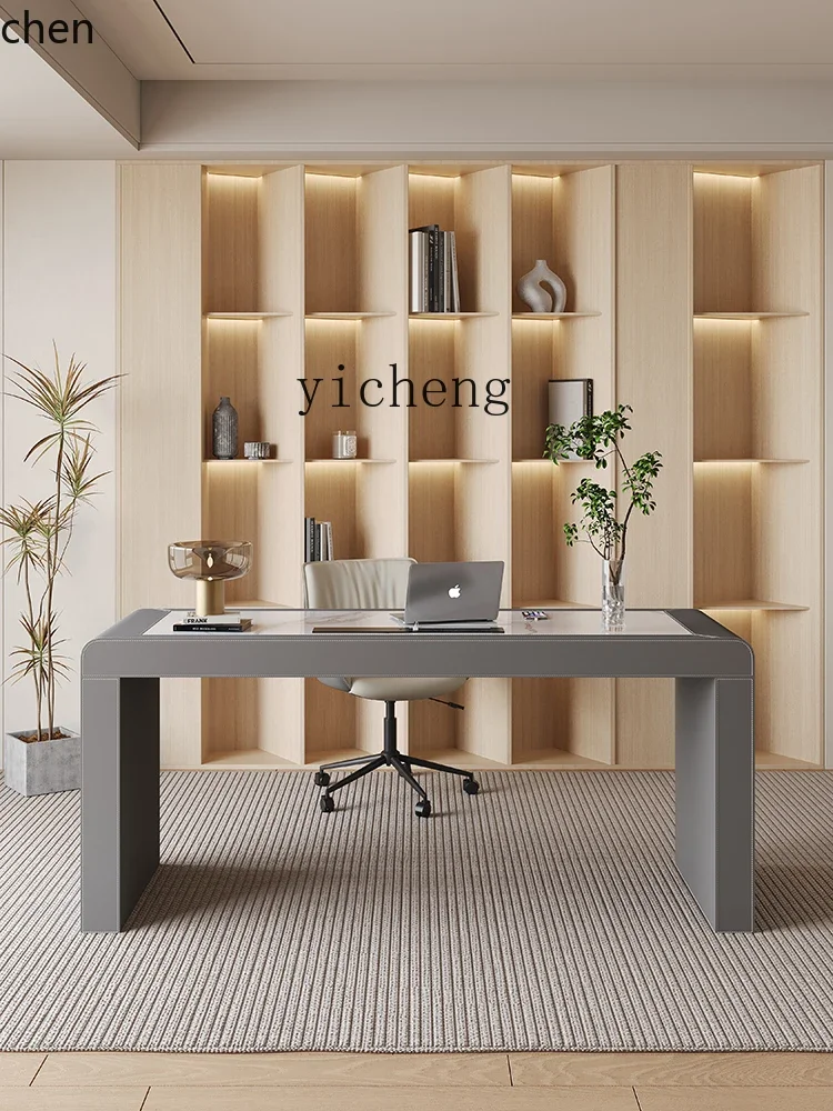

b7- Modern Minimalist Slate Desk Home Study Solid Wood Desk Premium Saddle Leather Computer Desk