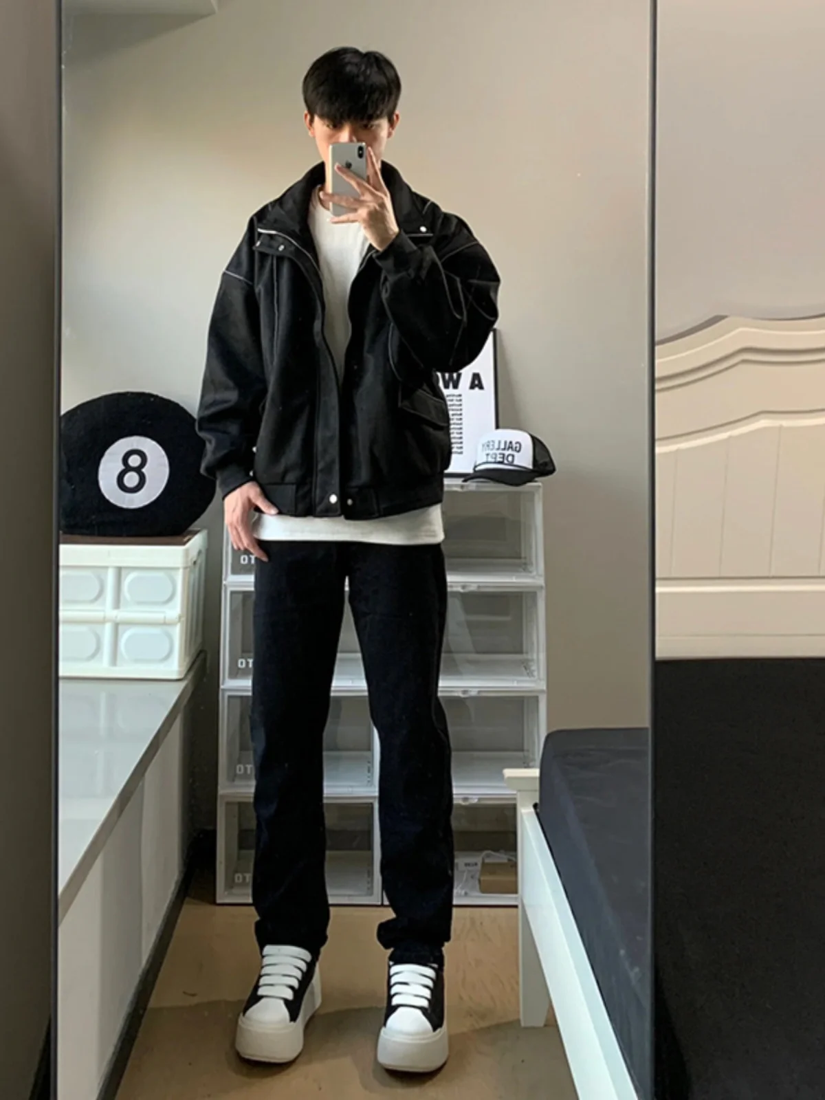 

Black Straight Leg Fleece Lined Slim Fit Thickened Denim Jeans for Men Autumn Winter High Street Cleanfit Bootcut Trousers