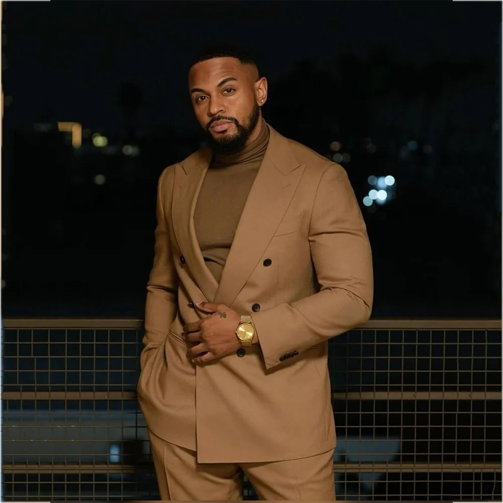 Solid Color Casual Men's Suit Jacket Pants Double Breasted Peak Lapel Retro Formal Business Prom Party Tailored Outfit Two Piece