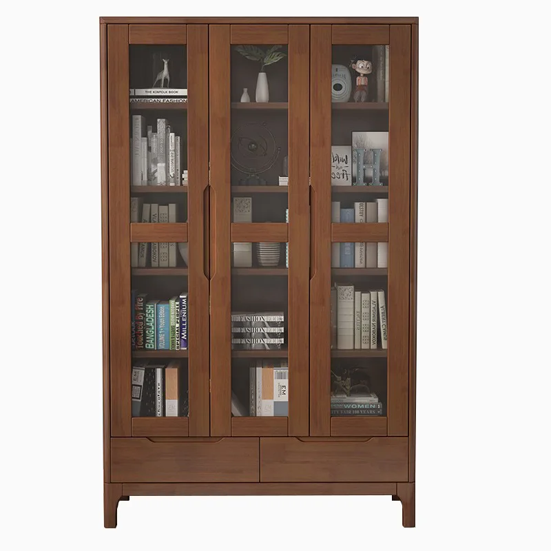 Solid wood bookcase Home study Bookcase Living room glass door Dust-proof honor Display cabinet Floor-to-ceiling locker