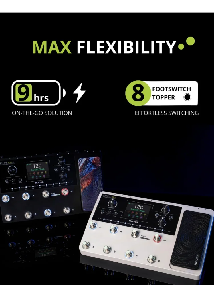 MOOER GE Series Guitar Multi Effects Pedal 55 Amp Models 200 Presets 9H Battery IR Loader 4 Footswitches for Live Performance