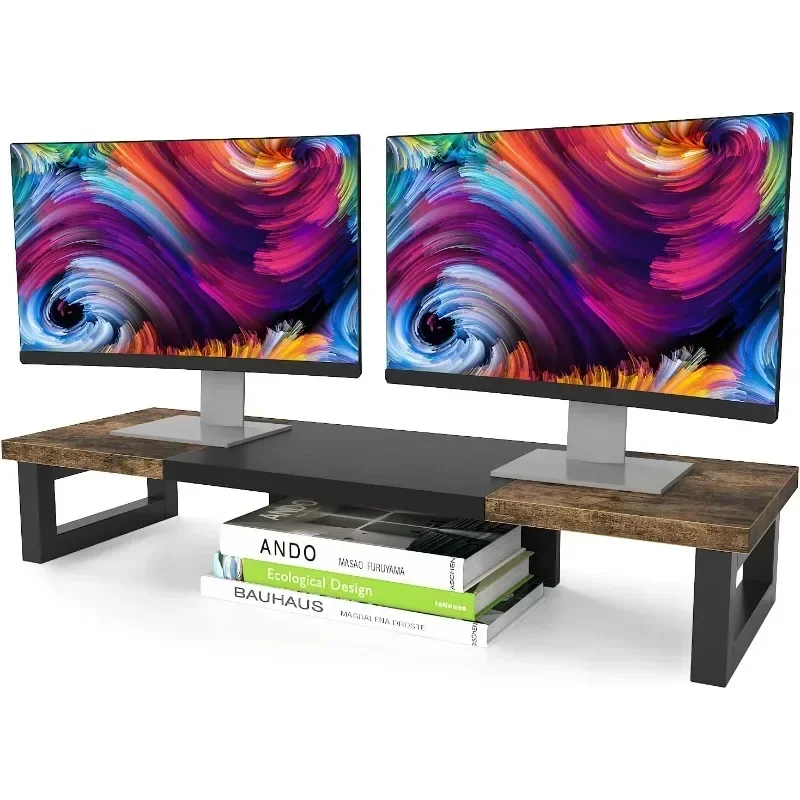 Dual Monitor Stand Riser, Wood and Steel Monitor Stand Riser, Computer Monitor Stand for 2 Monitors, Multi-Purpose Desktop