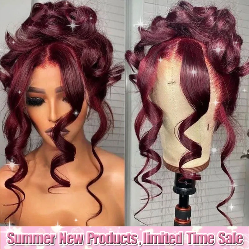 

13*4 HD Парики фронта шнурка Человеческие волосы 99j Бордовый 220% Плотность Бесклеевой HD Прозрачный Бордовый Винно-красный Парик с объемной волной Предварительно выщипанный