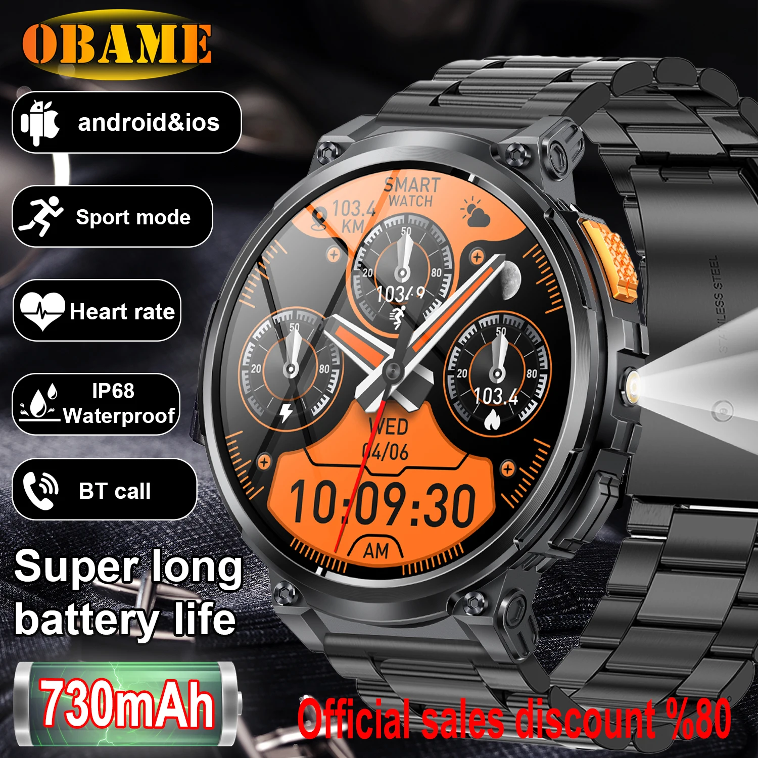 New 1.85” HD Screen LED Flashlight Smart Watch Men 730mAh Large Battery BT Call Man Bracelet Waterproof Fitness Men's Smartwatch