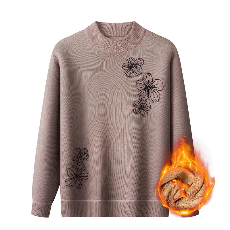 

Autumn Winter Velvet Warm Knitwear Women's Sweater Half High Collar Thick Middle-aged Mother Clothing Print Pullover Women Top
