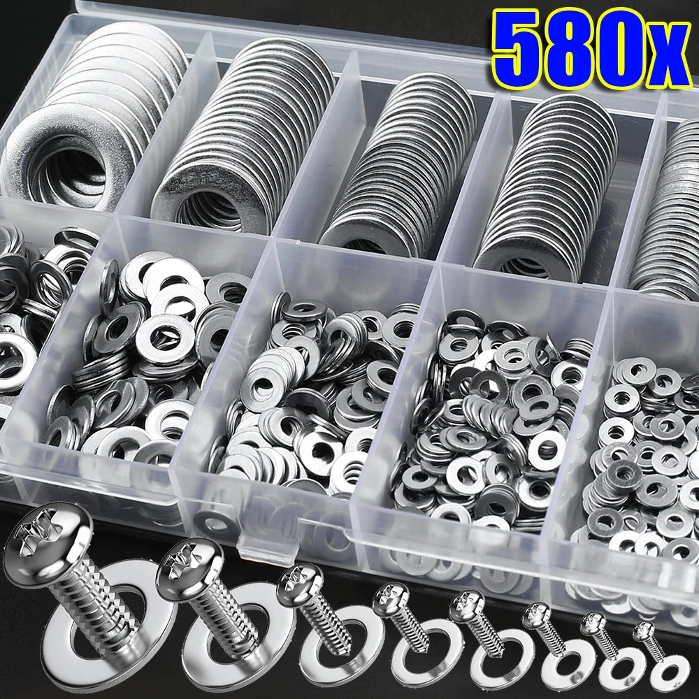 180/580pcs Stainless Steel Plain Gaskets Flat Washer Metal Washers Rings Gasket Screw Assortment Kits M2 M2.5 M3 M4 M5 M6 M8 M12