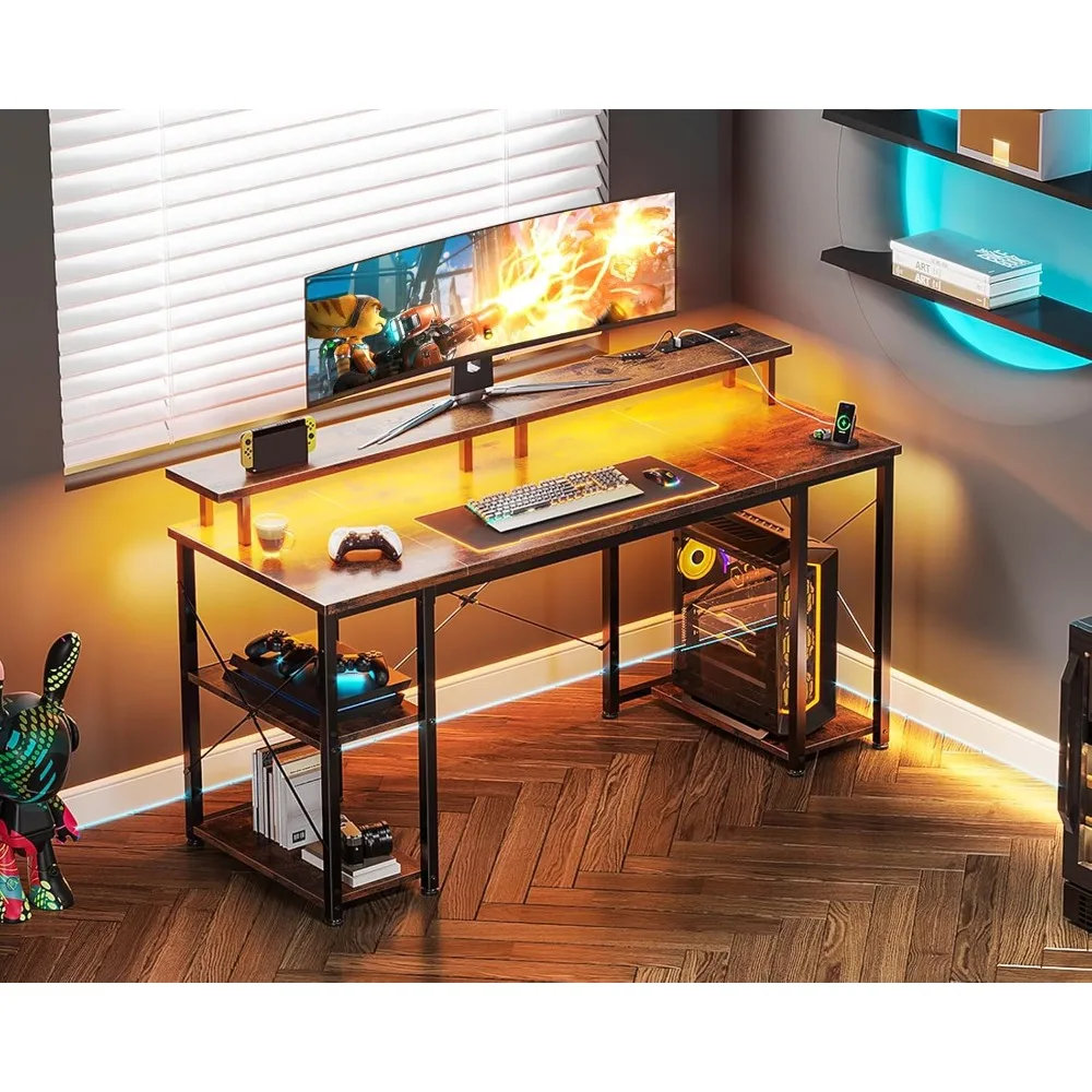 Gaming Desk with LED Lights & Power Outlets, Computer Desk with Monitor Stand & Storage Sheves, CPU Stand, Home Office Desk