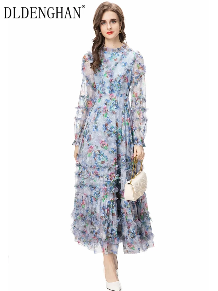 

DLDENGHAN Autumn Maxi Mesh Dress Women O-Neck Lantern Sleeve Ruffle Floral Print Elegant Party Long Dresses Fashion Designer New