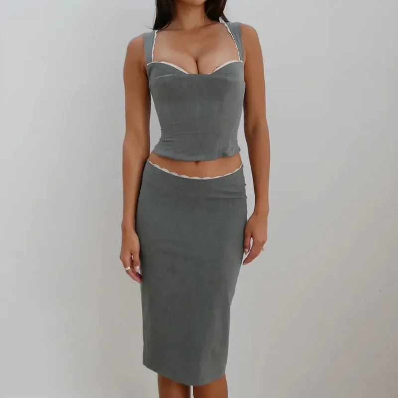 Women Co-ord Sweetheart Neckline Crop Tank Top And Tailored Pencil Midi Skirt Set With Lace Hem