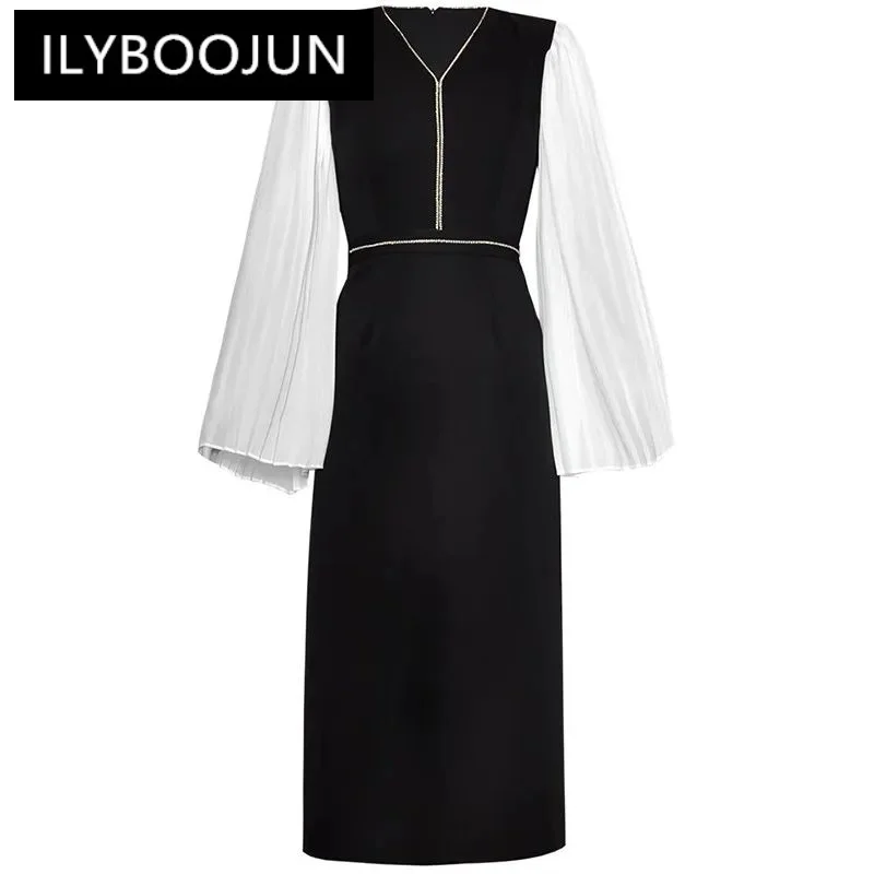 

ILYBOOJUN Fashion Women's New V-Neck Patchwork Pleated Long-Sleeved Nail Beads Lace-Up Elegant Vintage Hip Wrap MIDI Dress