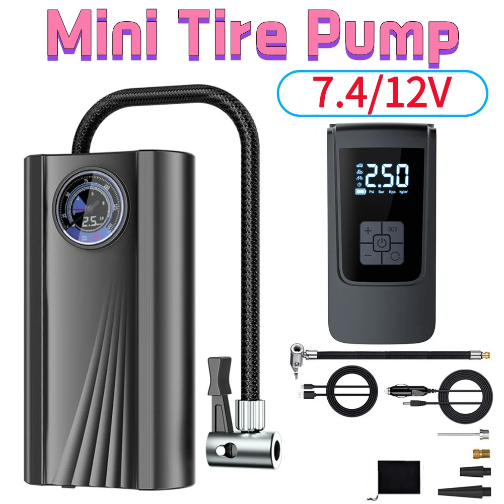 7.4/12V Mini Electric Air Compressor Tire Pump High Precision Electronic Inflatable Pump Quick Inflating For Motorcycle Car Bike