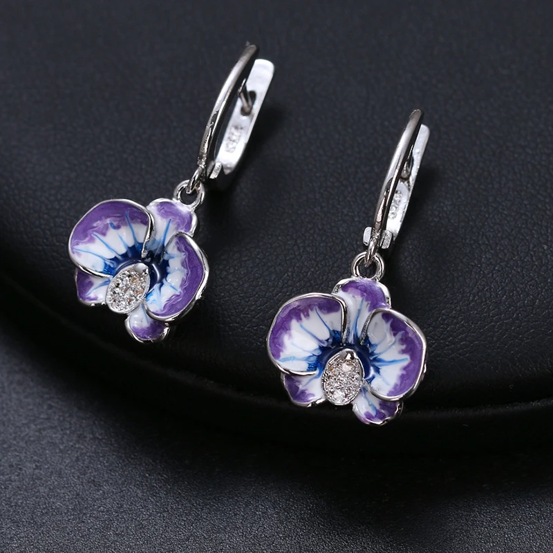 Silver Color Flower Jewelry Set for Women Enamel Silver Color Blue and White CZ Zirocn Ring Earrings Set Fashion Jewelry