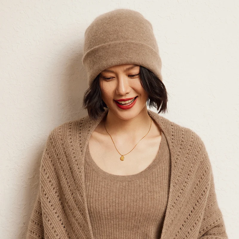 Women Hats 2024 Winter New 100% Cashmere Knitted Headgears Soft Warm Hat  Outdoor Casual Thicken Girl Cap High Quality Lady Cap