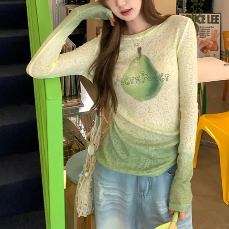 Korean Retro Pear Print Gradient Long-sleeved T-shirt Women 2025 Autumn New Streetwear O-neck Sexy Slim All-match Knitted Tops