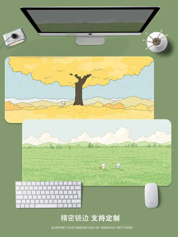 Curing Department Korean Illustration Leather Mouse Pad Oversized Girls Work Table Pad Green Eye Protection Wrist Keyboard Pad
