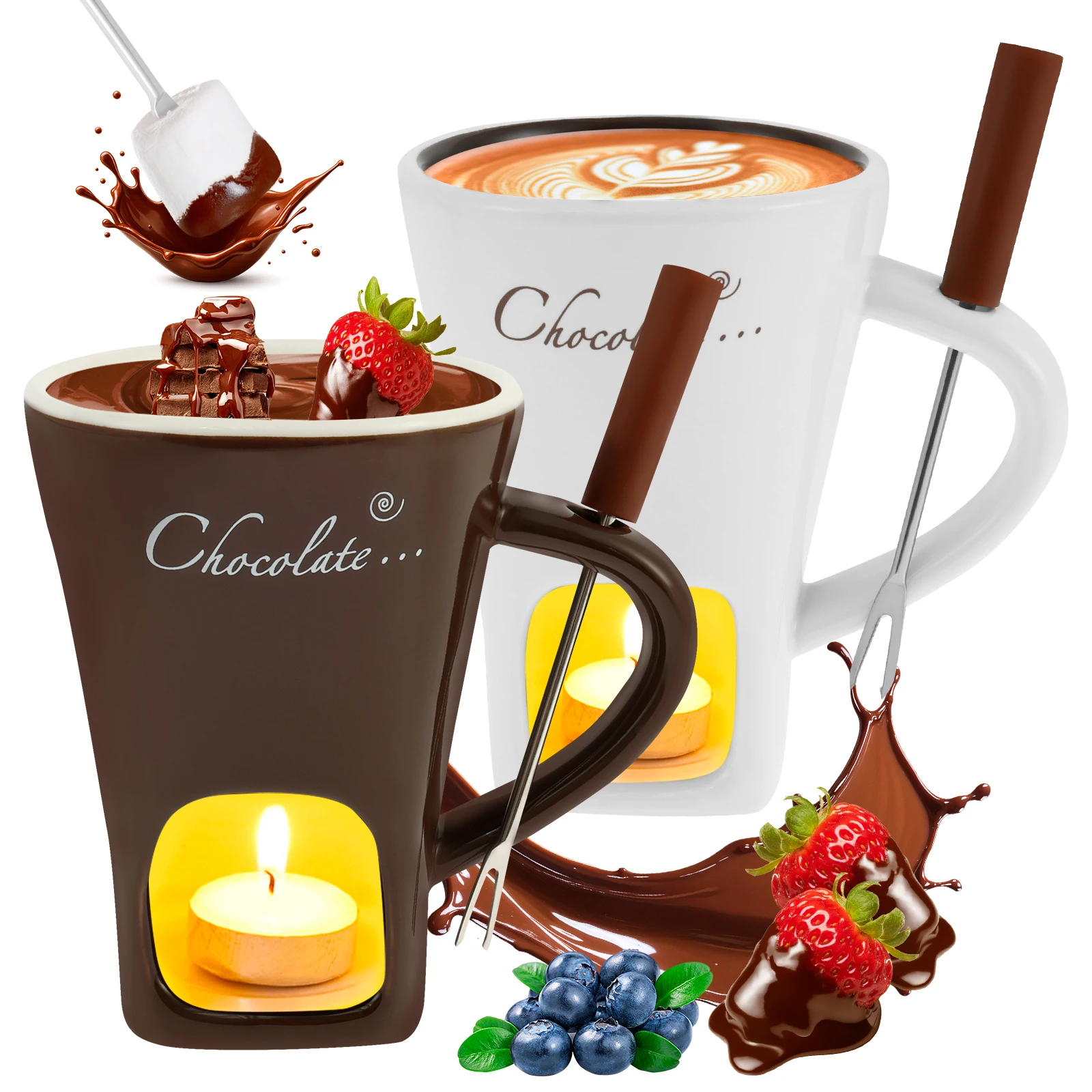 Taza para Fondue de Chocolate, Kit versátil de taza para Fondue dulce, juego de tazas para Fondue de Chocolate de cerámica con tenedor para el hogar y la cocina, 1/2 Uds.