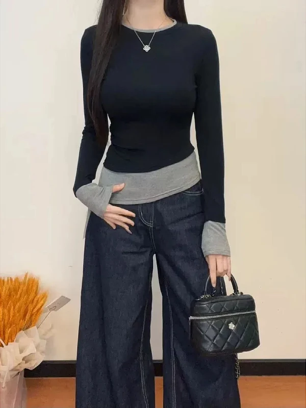 

plus Size Contrast Color round Ne Faux Two-Piece Long Sve Women's T-irt Inner Wear Winter Season Slim Fit Brued Base...