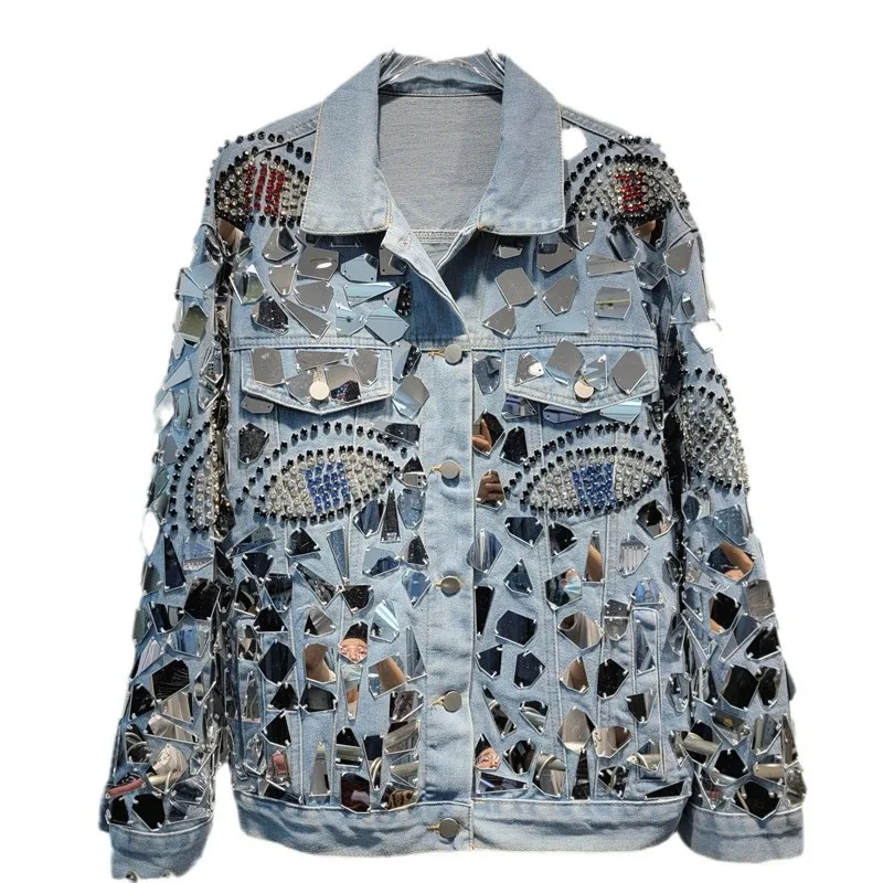 Autumn and Winter New Heavy Industry Sequins Handmade Diamond-encrusted Fashion Jacket Women Loose Retro Denim Jacket