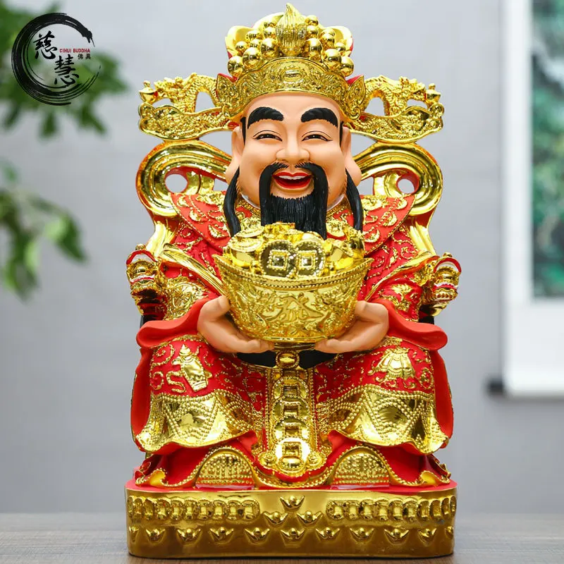 Resin Buddha statue, fiberglass gilt painted red clothes, ingot text, God of Wealth Lucky Buddha statue