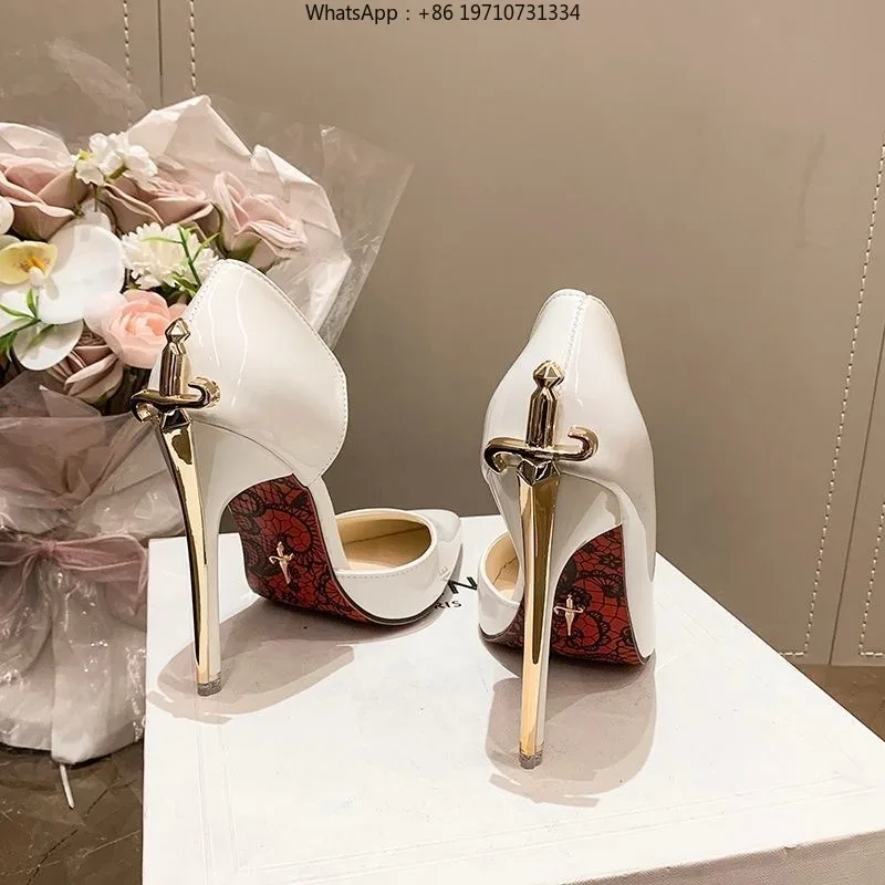 pdd 2026 Early New High Heels Women's Fine Heels Pointed Metal Swords Sexy Queen Black Lacquer Leather Single Shoes(12cm)